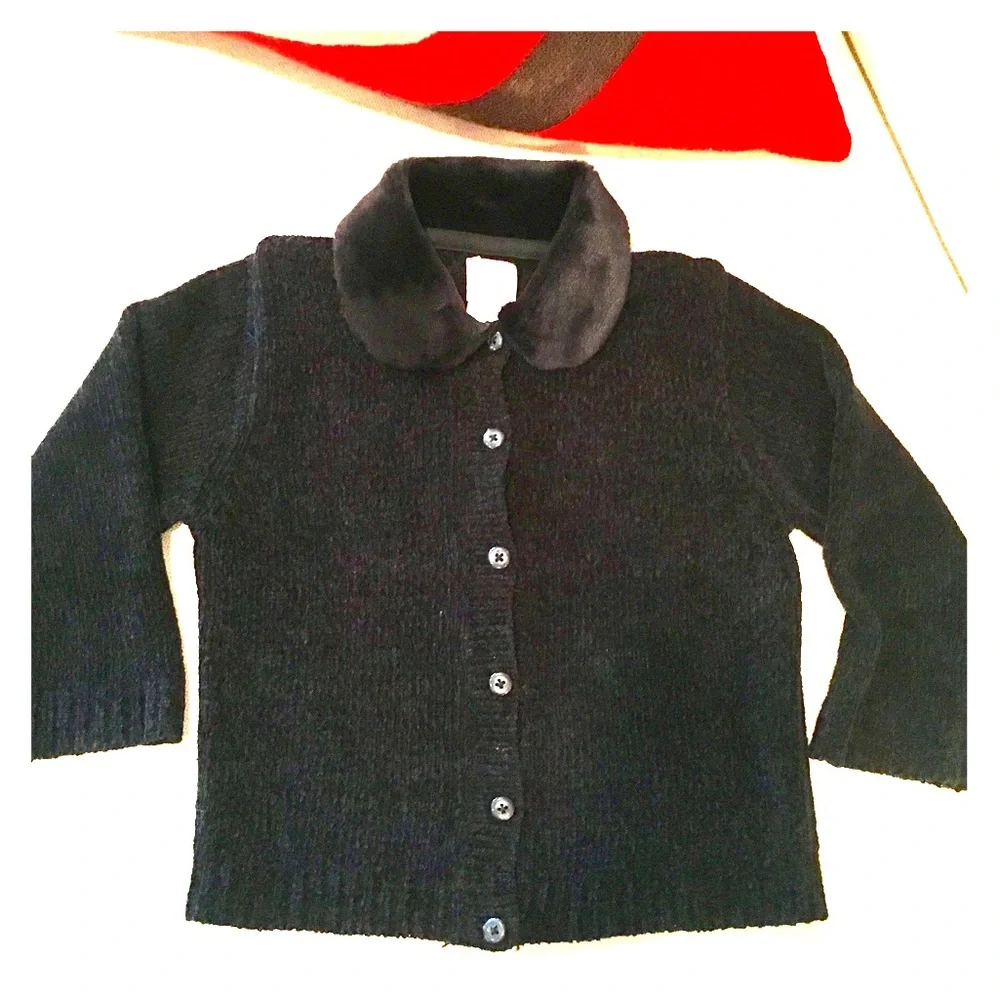 Vintage babyGAP Black Chenille Cardigan Sweater w/Faux Fur Collar, sz 2xl/3xl
